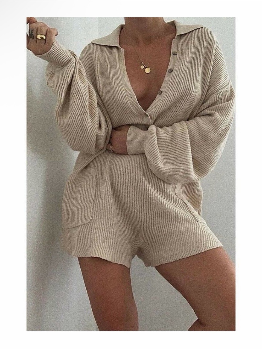 Free People FP Beach Linen Blend Beige Picnic Sweater Romper Size Medium